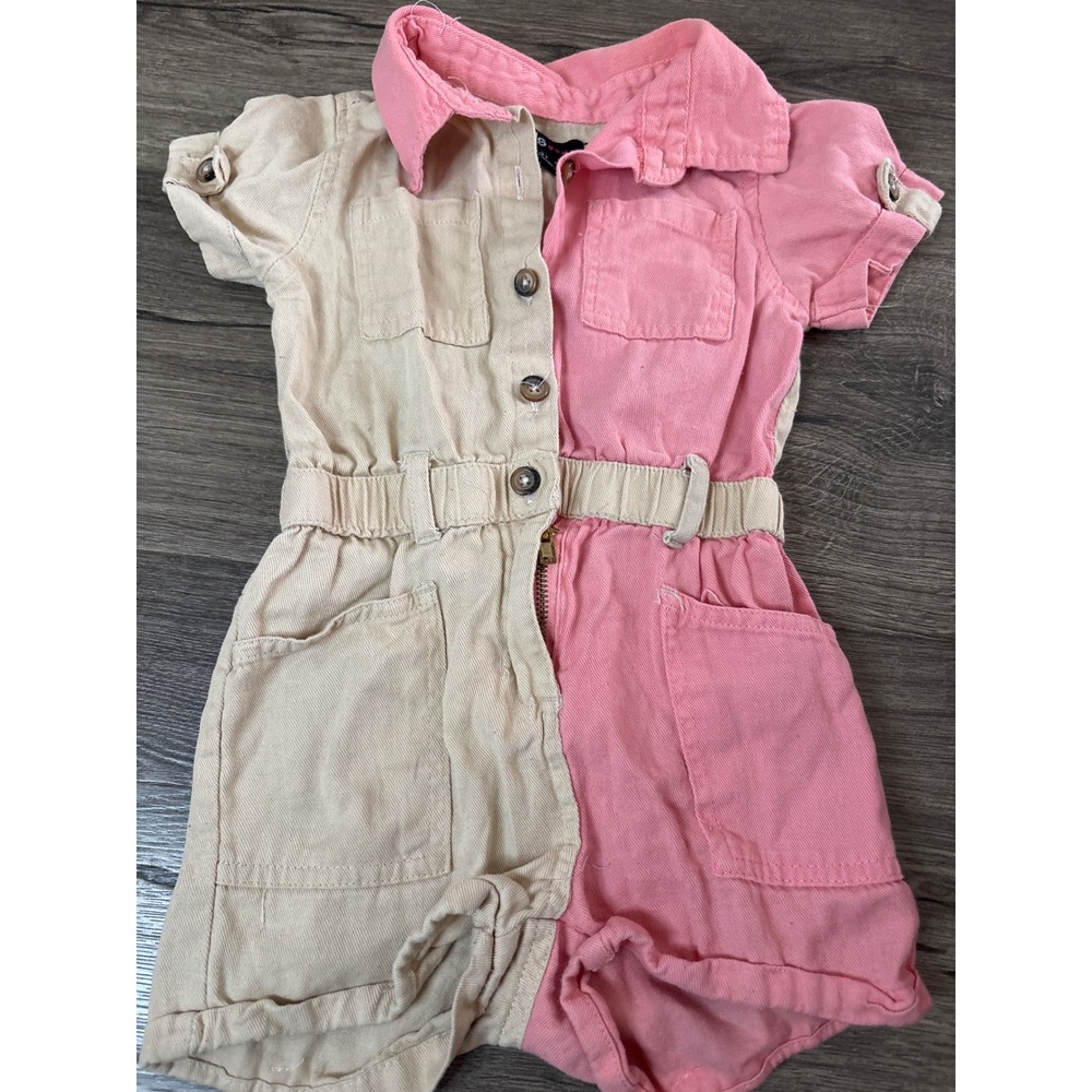 Girls 2T Pink Tan Colorblock Denim Romper Short Sleeve Utility Jumpsuit
